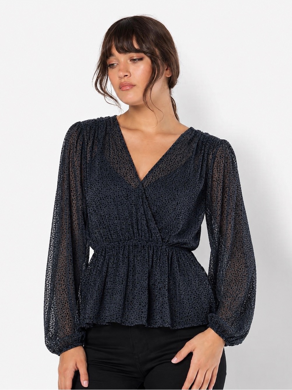 Anthropologie Halogen Blue Sheer Polka-Dot Peplum Vneck Blouse puff sleeve large